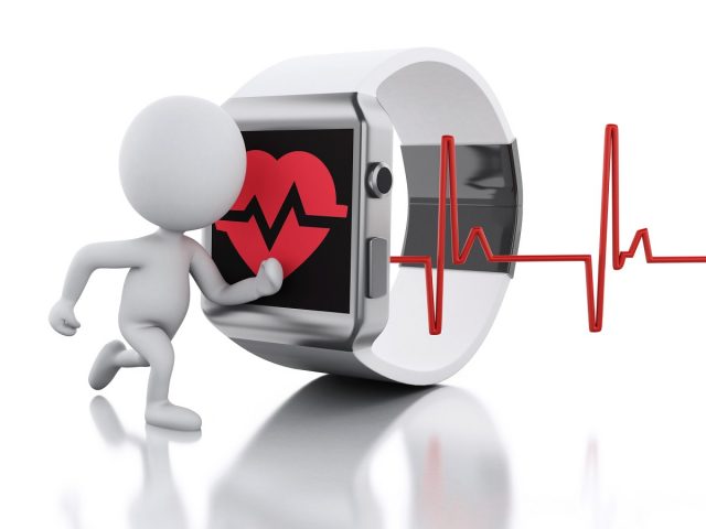 3d white people and smart watch with red health icon.